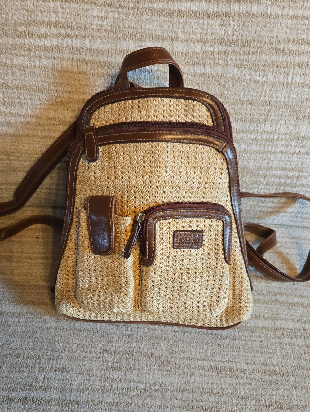 Vintage,Gianni Bini Straw and Brown Leather Crossbody Backpack - Tan